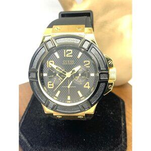 Guess Men's Watch U0247G6 Quartz Black Dial Gold Steel Rubber Strap 45mm